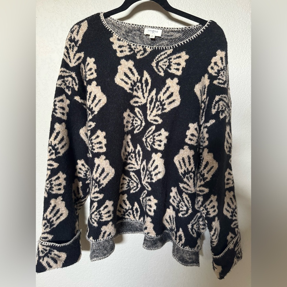 Anthropologie Black and Cream Floral Sweater